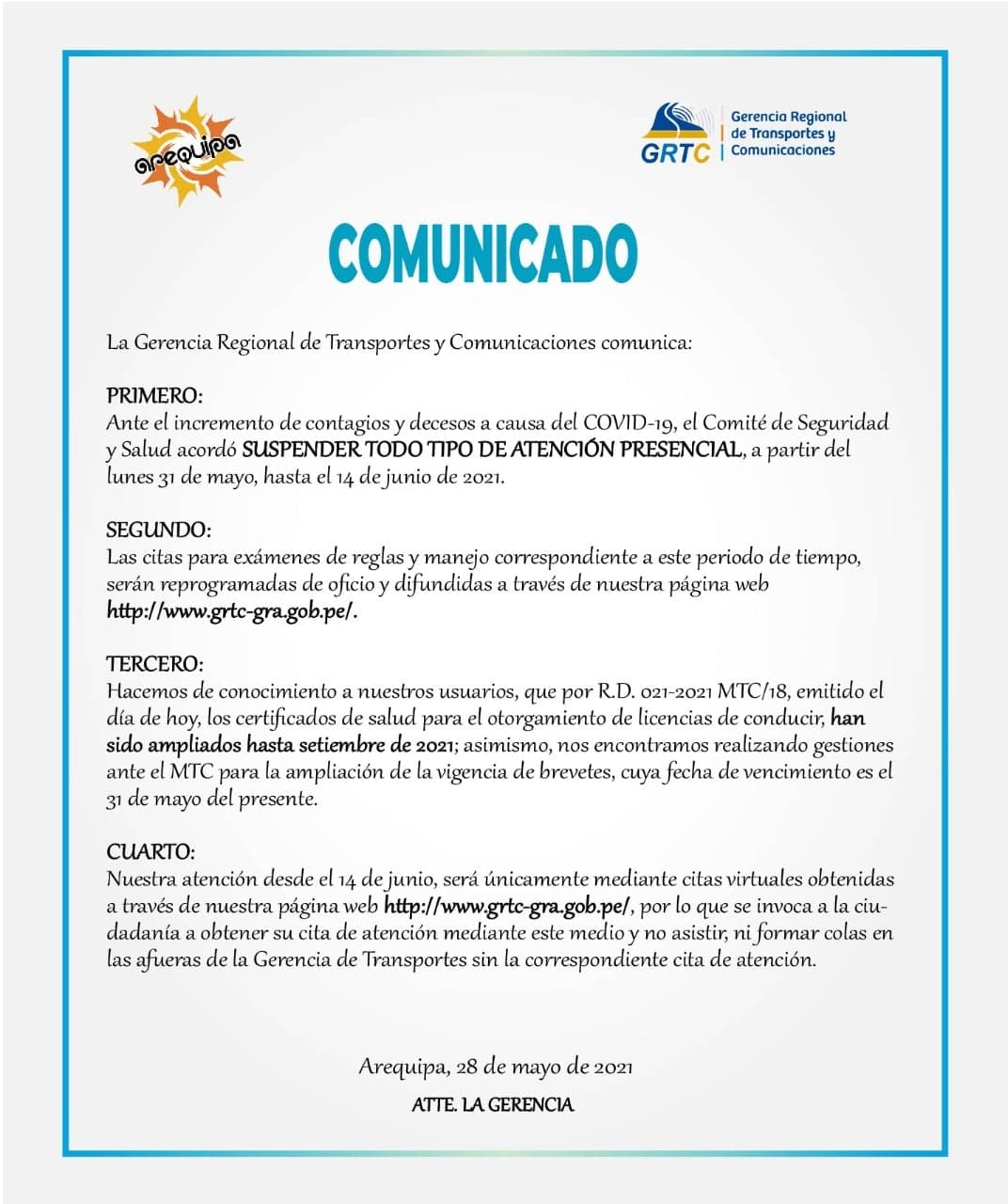 Suspenden atención presencial en la Gerencia Regional de Transportes