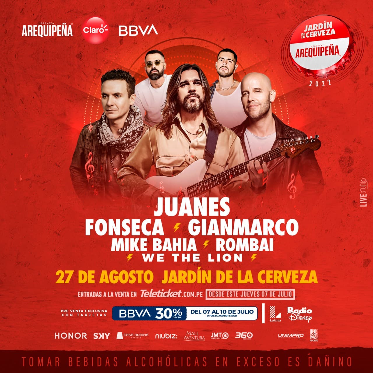 Jardín de la Cerveza Arequipeña vibrará este 27 de agosto con Juanes, Fonseca, Gianmarco, Mike Bahía y Rombai
